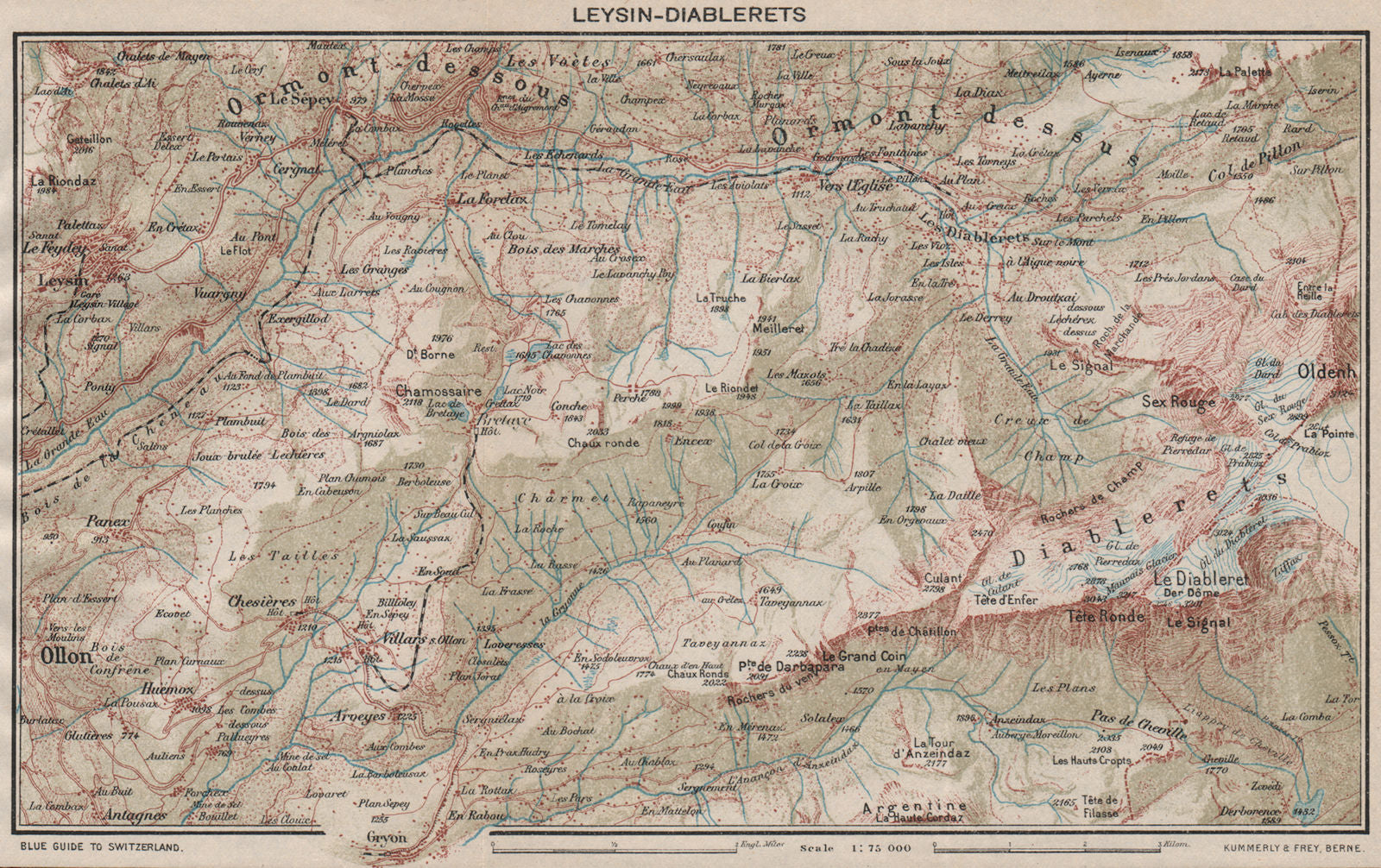 GRANDE-EAU VALLÉE. Leysin Diablerets. Vaud. Vintage map. Switzerland 1930